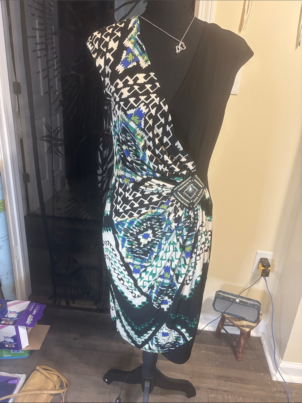 London Times Black Multi-Print Faux-Wrap Midi Dress